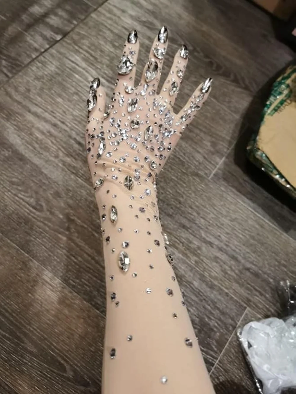 Luxe Crystal Embellished Nude Silver Sparkle Mesh Gloves